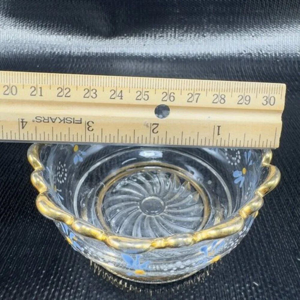 Antique Enameled Paint‎ Glass Bowl Dish Gold Painted Edge Manganese 365nm Set 4